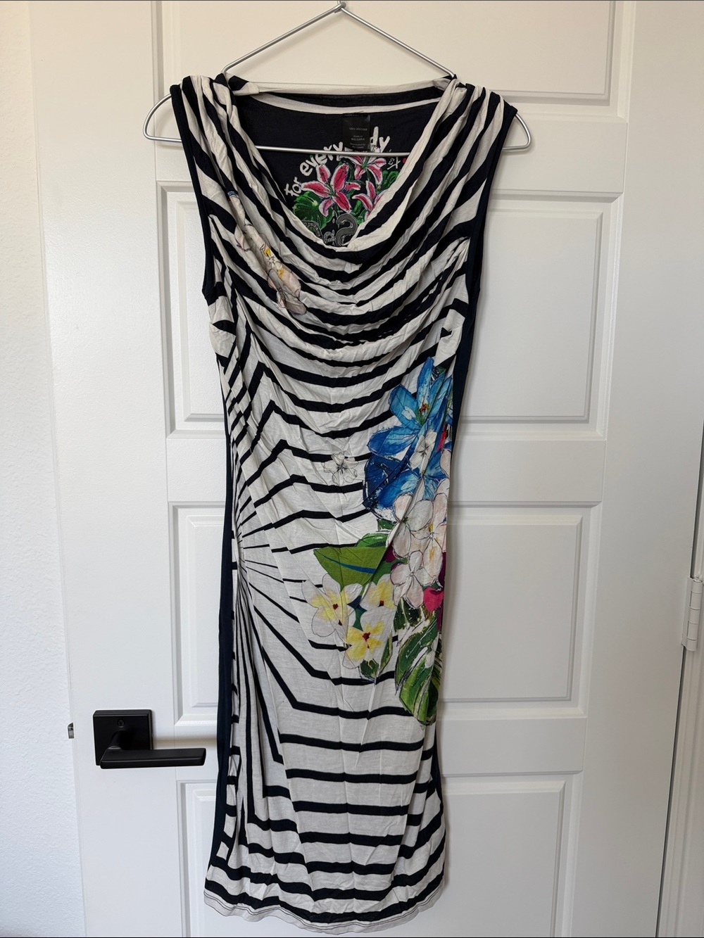 Desigual Black & Navy Striped Floral Cowl Neck Women's Dress, XS
